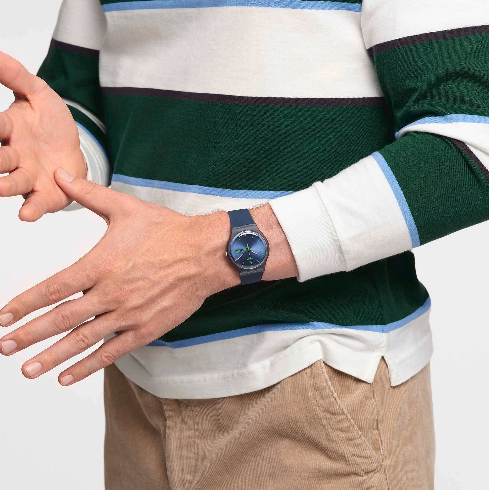 Orologio Uomo Swatch Quarzo Solo Tempo Blu Verde Doppia Data Blue Rebel SO29N704